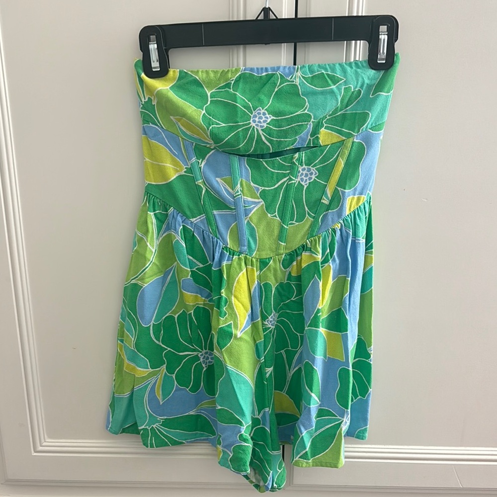 Green and Blue Strapless Dress with Tropical Print